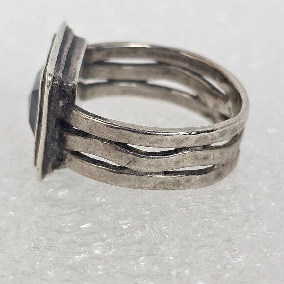 Vintage Sterling Silver Garnet Ring Sz 8.25 Square Wide Cut Out Wavy Band Chunky - Picture 6 of 16